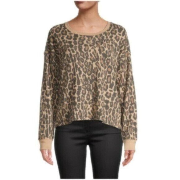 NWT Splendid Tan Brown Animal Print Thermal Crewneck Casual Warm Comfy Top M - Picture 1 of 7